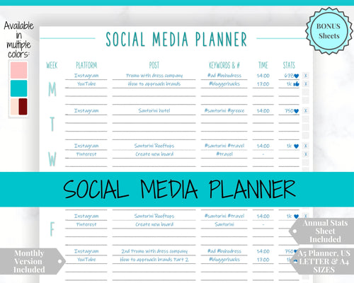 Social Media Planner Printable. Tracker for Instagram, YouTube, Facebook, Pinterest, Blog. Content, Business & Marketing Planner, To Do List | Blue