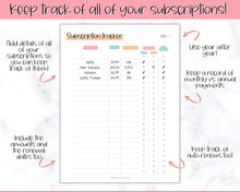 Load image into Gallery viewer, Subscription Tracker Printable, Expense Tracker, Budget Planner, Monthly Membership Log, Annual Bill Organizer, Finance, Planner Binder | Colorful Sky