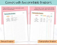 Load image into Gallery viewer, Subscription Tracker Printable, Expense Tracker, Budget Planner, Monthly Membership Log, Annual Bill Organizer, Finance, Planner Binder | Colorful Sky