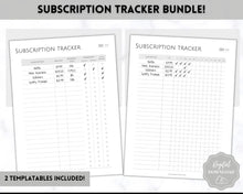 Load image into Gallery viewer, Subscription Tracker Printable, Expense Tracker, Budget Planner, Monthly Membership Log, Annual Bill Organizer, Finance, Planner Binder | Monochrome