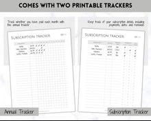 Load image into Gallery viewer, Subscription Tracker Printable, Expense Tracker, Budget Planner, Monthly Membership Log, Annual Bill Organizer, Finance, Planner Binder | Monochrome