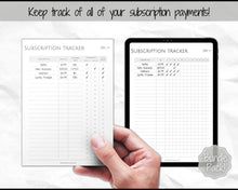Load image into Gallery viewer, Subscription Tracker Printable, Expense Tracker, Budget Planner, Monthly Membership Log, Annual Bill Organizer, Finance, Planner Binder | Monochrome