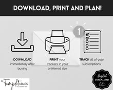 Load image into Gallery viewer, Subscription Tracker Printable, Expense Tracker, Budget Planner, Monthly Membership Log, Annual Bill Organizer, Finance, Planner Binder | Monochrome