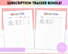 Load image into Gallery viewer, Subscription Tracker Printable, Expense Tracker, Budget Planner, Monthly Membership Log, Annual Bill Organizer, Finance, Planner Binder | Pastel Rainbow