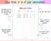 Load image into Gallery viewer, Subscription Tracker Printable, Expense Tracker, Budget Planner, Monthly Membership Log, Annual Bill Organizer, Finance, Planner Binder | Pastel Rainbow