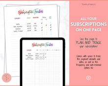 Load image into Gallery viewer, Subscription Tracker Printable, Expense Tracker, Budget Planner, Monthly Membership Log, Annual Bill Organizer, Finance, Planner Binder | Pastel Rainbow