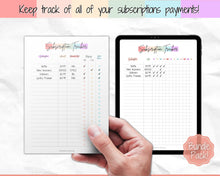 Load image into Gallery viewer, Subscription Tracker Printable, Expense Tracker, Budget Planner, Monthly Membership Log, Annual Bill Organizer, Finance, Planner Binder | Pastel Rainbow