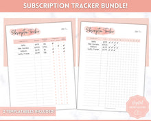 Load image into Gallery viewer, Subscription Tracker Printable, Expense Tracker, Budget Planner, Monthly Membership Log, Annual Bill Organizer, Finance, Planner Binder | Pink Watercolor