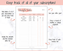 Load image into Gallery viewer, Subscription Tracker Printable, Expense Tracker, Budget Planner, Monthly Membership Log, Annual Bill Organizer, Finance, Planner Binder | Pink Watercolor