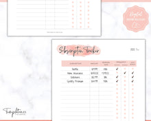 Load image into Gallery viewer, Subscription Tracker Printable, Expense Tracker, Budget Planner, Monthly Membership Log, Annual Bill Organizer, Finance, Planner Binder | Pink Watercolor