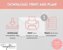 Load image into Gallery viewer, Subscription Tracker Printable, Expense Tracker, Budget Planner, Monthly Membership Log, Annual Bill Organizer, Finance, Planner Binder | Pink Watercolor