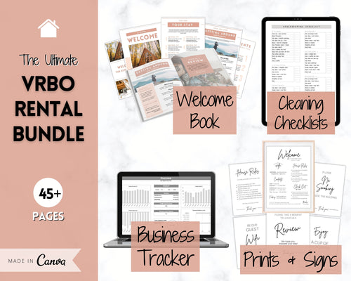 Ultimate VRBO Template BUNDLE! Editable Vacation Rental Sign, Welcome Book Template, Airbnb Cleaning checklist, Business Tracker Spreadsheet | Brown