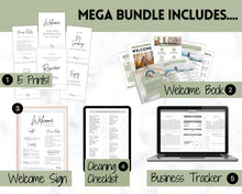 Load image into Gallery viewer, Ultimate VRBO Template BUNDLE! Editable Vacation Rental Sign, Welcome Book Template, Airbnb Cleaning checklist, Business Tracker Spreadsheet | Green