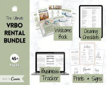 Load image into Gallery viewer, Ultimate VRBO Template BUNDLE! Editable Vacation Rental Sign, Welcome Book Template, Airbnb Cleaning checklist, Business Tracker Spreadsheet | Green