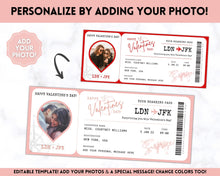 Load image into Gallery viewer, VALENTINE'S Boarding Ticket Template, Valentine's Day Surprise Boarding Pass, Plane Ticket Vacation, Airline Flight Trip, Holiday Gift | Pink