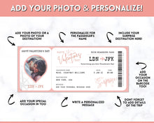 Load image into Gallery viewer, VALENTINE'S Boarding Ticket Template, Valentine's Day Surprise Boarding Pass, Plane Ticket Vacation, Airline Flight Trip, Holiday Gift | Pink