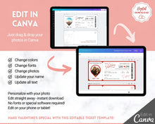 Load image into Gallery viewer, VALENTINE'S Boarding Ticket Template, Valentine's Day Surprise Boarding Pass, Plane Ticket Vacation, Airline Flight Trip, Holiday Gift | Pink