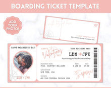 Load image into Gallery viewer, VALENTINE'S Boarding Ticket Template, Valentine's Day Surprise Boarding Pass, Plane Ticket Vacation, Airline Flight Trip, Holiday Gift | Pink