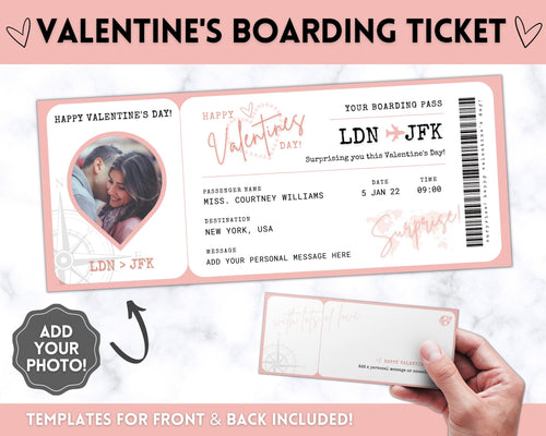 VALENTINE'S Boarding Ticket Template, Valentine's Day Surprise Boarding Pass, Plane Ticket Vacation, Airline Flight Trip, Holiday Gift | Pink