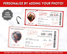 Load image into Gallery viewer, VALENTINE'S Boarding Ticket Template, Valentine's Day Surprise Boarding Pass, Plane Ticket Vacation, Airline Flight Trip, Holiday Gift | Red