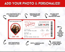 Load image into Gallery viewer, VALENTINE'S Boarding Ticket Template, Valentine's Day Surprise Boarding Pass, Plane Ticket Vacation, Airline Flight Trip, Holiday Gift | Red