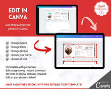 Load image into Gallery viewer, VALENTINE'S Boarding Ticket Template, Valentine's Day Surprise Boarding Pass, Plane Ticket Vacation, Airline Flight Trip, Holiday Gift | Red