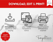 Load image into Gallery viewer, VALENTINE'S Boarding Ticket Template, Valentine's Day Surprise Boarding Pass, Plane Ticket Vacation, Airline Flight Trip, Holiday Gift | Red