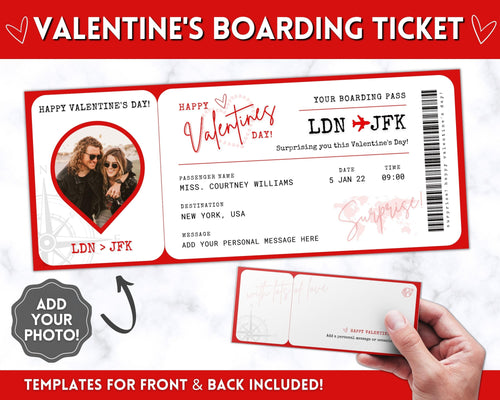 VALENTINE'S Boarding Ticket Template, Valentine's Day Surprise Boarding Pass, Plane Ticket Vacation, Airline Flight Trip, Holiday Gift | Red