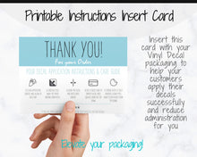 Load image into Gallery viewer, Vinyl Decal Thank You Business Card Instructions, BUNDLE Printable Decal Application Order Card, DIY Sticker Seller Packaging Label | Blue