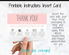 Load image into Gallery viewer, Vinyl Decal Thank You Business Card Instructions, BUNDLE Printable Decal Application Order Card, DIY Sticker Seller Packaging Label | Pink