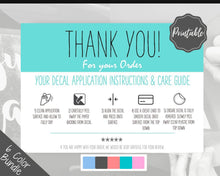 Load image into Gallery viewer, Vinyl Decal Thank You Business Card Instructions, BUNDLE Printable Decal Application Order Card, DIY Sticker Seller Packaging Label | Teal