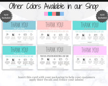 Load image into Gallery viewer, Vinyl Decal Thank You Business Card Instructions, BUNDLE Printable Decal Application Order Card, DIY Sticker Seller Packaging Label | Teal