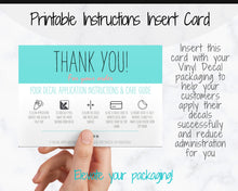Load image into Gallery viewer, Vinyl Decal Thank You Business Card Instructions, BUNDLE Printable Decal Application Order Card, DIY Sticker Seller Packaging Label | Teal