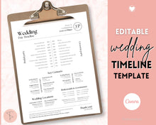 Load image into Gallery viewer, Wedding Day Timeline Template, EDITABLE order of events, Wedding Timeline, Wedding Schedule, Wedding Day Timeline, wedding itinerary program | Mono Lux