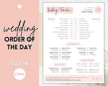 Load image into Gallery viewer, Wedding Day Timeline Template, EDITABLE order of events, Wedding Timeline, Wedding Schedule, Wedding Day Timeline, wedding itinerary program | Pink Handwritten