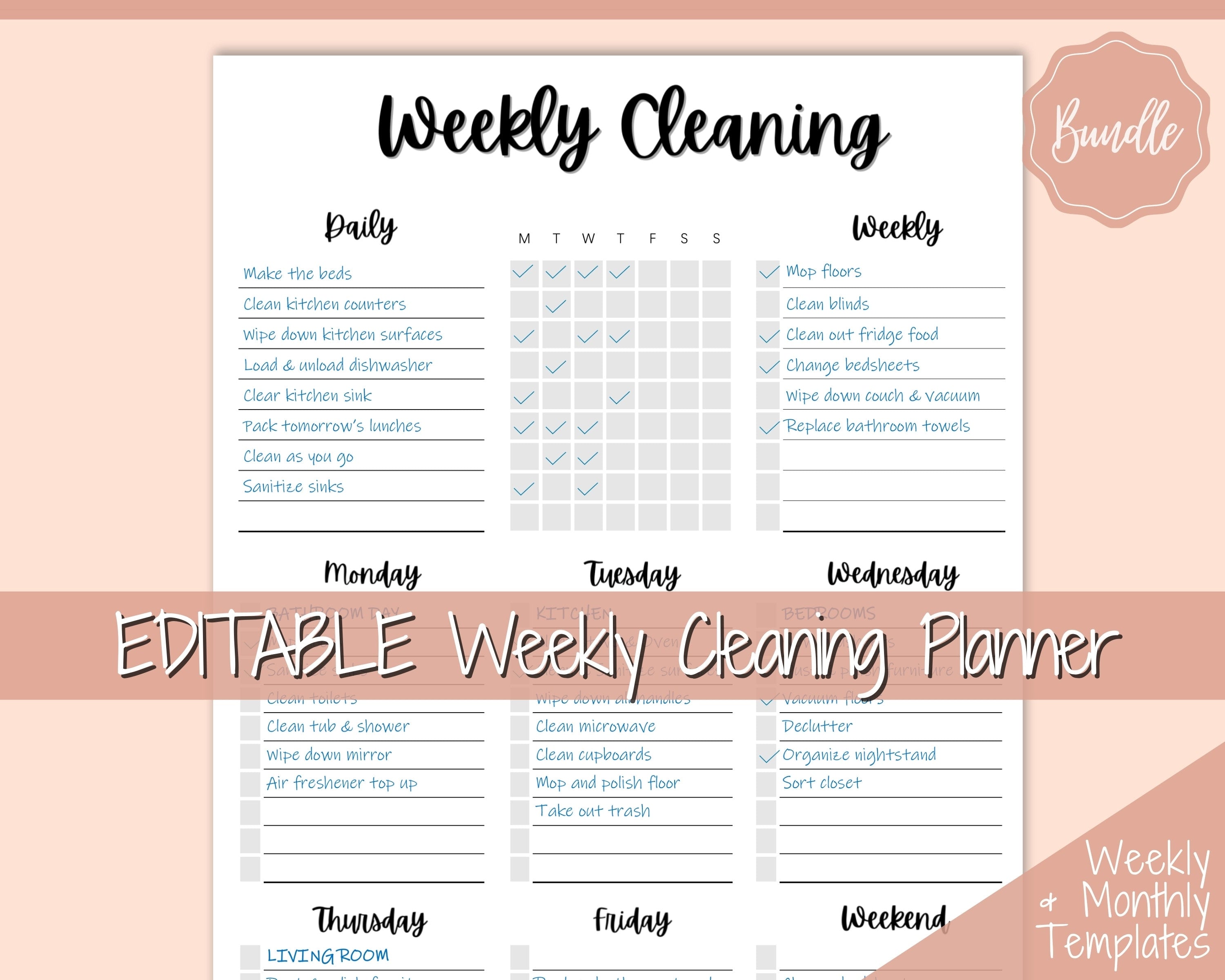 Editable Weekly Cleaning Checklist Weekly Home Cleaning Planner