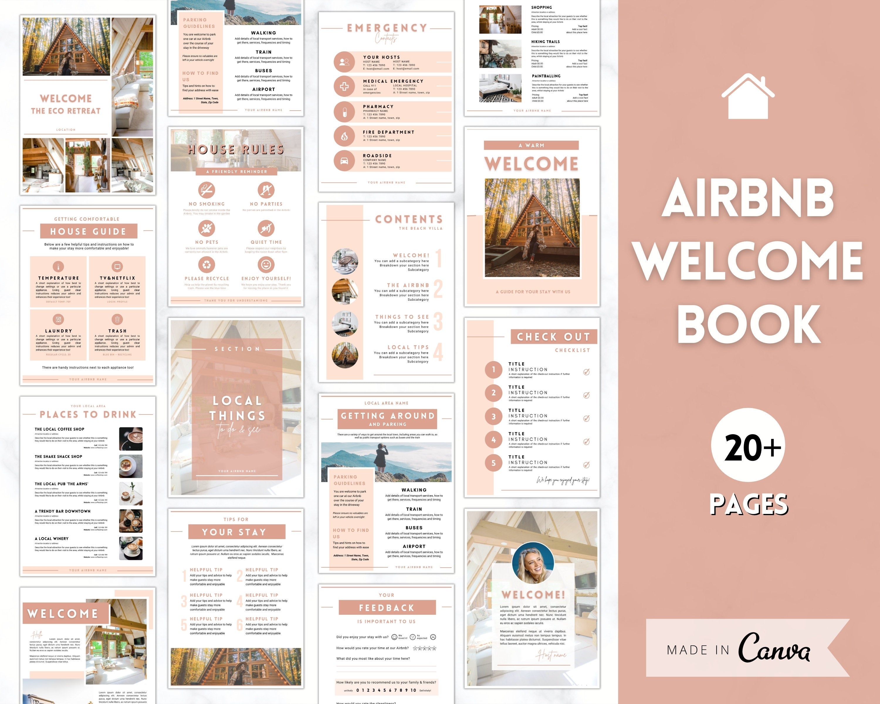Welcome Book Template Airbnb Welcome Guide Editable Canva Air bnb House manual Superhost eBook Host signs Signage VRBO Vacation Rental Brown airbnb welcome book template, editable canva house guide, host