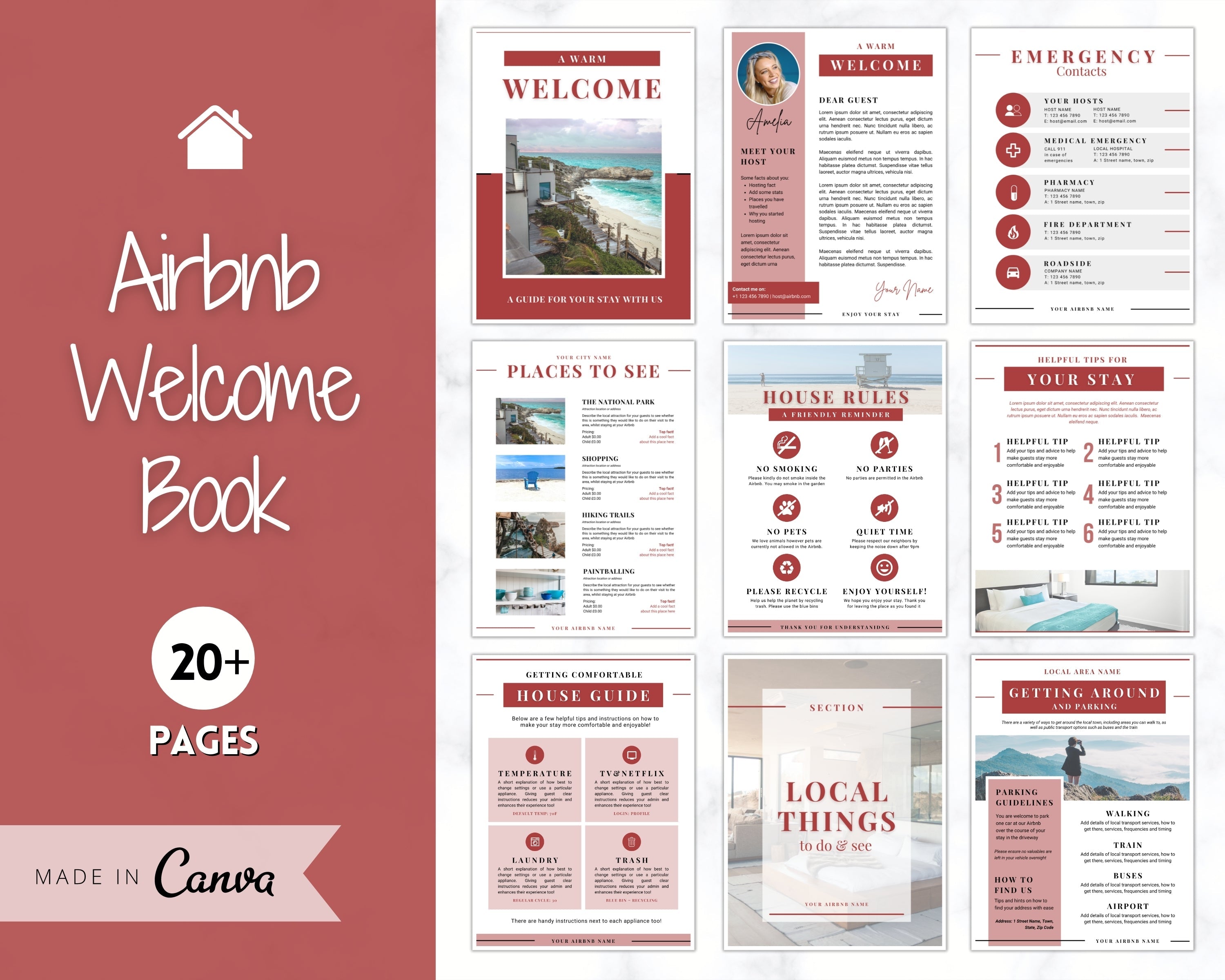Airbnb Welcome Book Template | Editable Canva Welcome Guide for Vacation  Rentals | Red