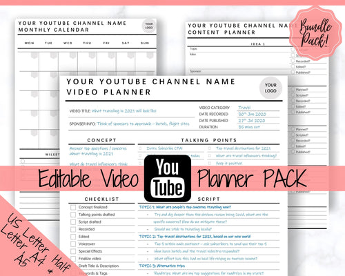 Youtube Planner, Video Planner, Social Media Content Calendar, EDITABLE BUNDLE, Printable Vlog Checklist, You Tube Template, Script, Tracker