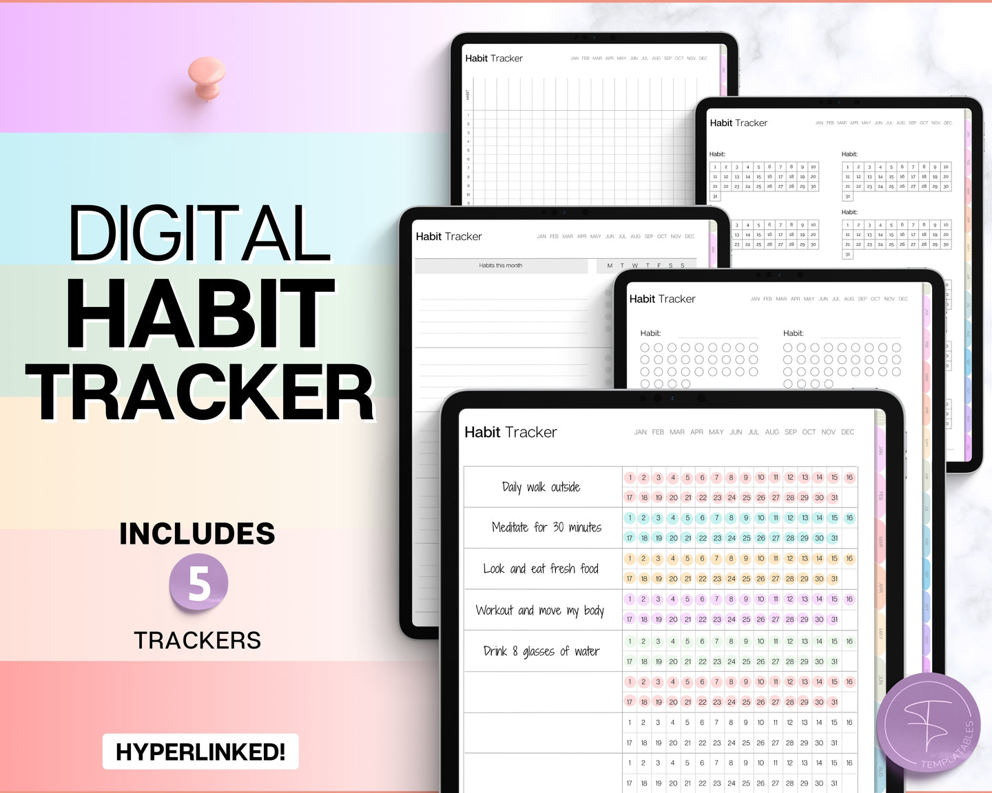 Digital Habit Tracker | Daily, Monthly & Yearly Habit Tracker | Simple Goal & Routine Tracker for GoodNotes & iPad | Colorful