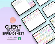 Load image into Gallery viewer, Client Tracker Spreadsheet | Includes CRM Tracker, Lead &amp; Task Tracker, Client Record book, Business Planner &amp; Communication Log | For Small Business Owners | Colorful
