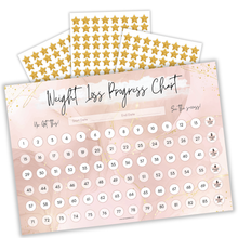 Load image into Gallery viewer, Weight Loss Progress Chart Poster with 88 Gold Star Stickers – A4 Size | Pastel Pink Watercolour Design | Thick 450gsm Card | Track Every Pound Lost | Wall Chart for Slimming Motivation (Pink)
