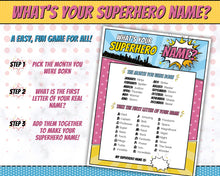 Load image into Gallery viewer, Superhero Party Game | What’s your Superhero Name? Includes Super Hero Party Decoration, Name Sign, Kids &amp; Birthday Party Decor | Printable Games | GIRL
