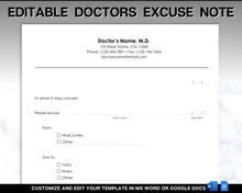 Load image into Gallery viewer, Editable Doctors Excuse Note | Editable Template for Fake Doctors Note, Medical Note for Work, School &amp; Word Template | Perfect for Google Docs | Fill in Blanks
