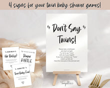 Load image into Gallery viewer, TWIN Baby Shower Games BUNDLE | 45 Twins Baby Shower Activity, Twin Trivia, whats in your purchase, Bingo, Word Scramble, Boho &amp; Woodland Themes
