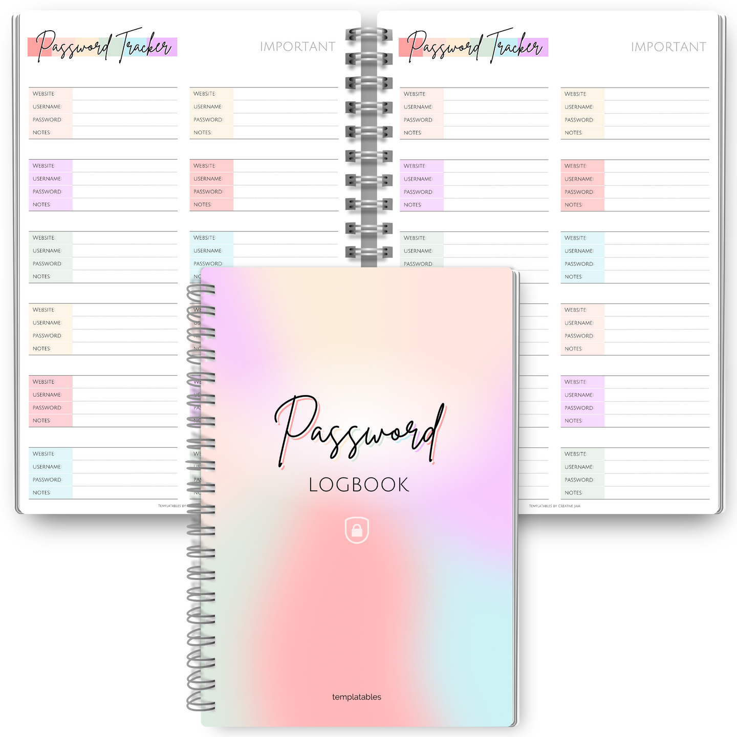 Password Logbook with Alphabetical Tabs | Password Organizer for Internet and Websites Journal Notebook | A5 Pastel Rainbow