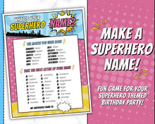 Load image into Gallery viewer, Superhero Party Game | What’s your Superhero Name? Includes Super Hero Party Decoration, Name Sign, Kids &amp; Birthday Party Decor | Printable Games | GIRL
