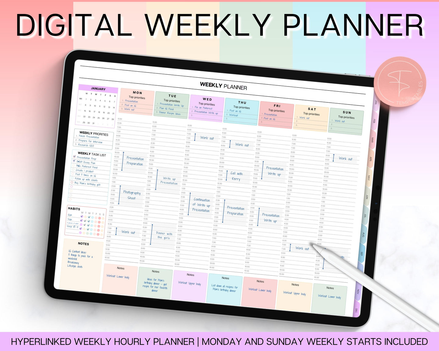 2024 WEEKLY Hourly Digital Planner | Your Stylish Companion for iPad, Undated, GoodNotes, Digital Life Planner and Notability | Colorful