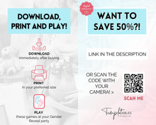 Load image into Gallery viewer, Gender Reveal Games Bundle | Includes Gender reveal party, Baby announcement, What will baby be, Bingo, Baby predictions &amp; Blue or pink party games | Balloons
