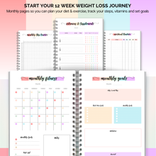 Load image into Gallery viewer, 12 Month Weight Loss Journal for Women | Pounds Lost &amp; Body Measurements Tracker | A5
